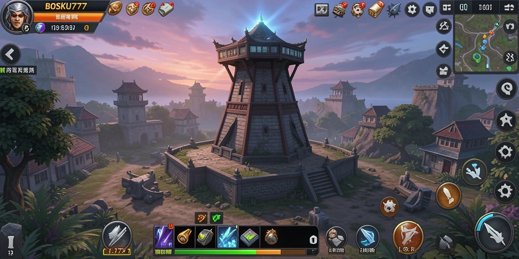 Screenshot gameplay BOSKU777 menunjukkan menara pertahanan yang megah di medan tempur.