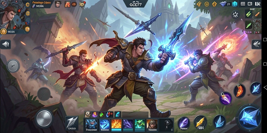 Screenshot utama GOD77 menampilkan aksi seru dalam pertarungan MOBA.