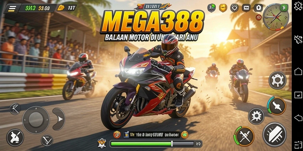 Screenshot MEGA388 menampilkan aksi balapan motor yang mendebarkan.