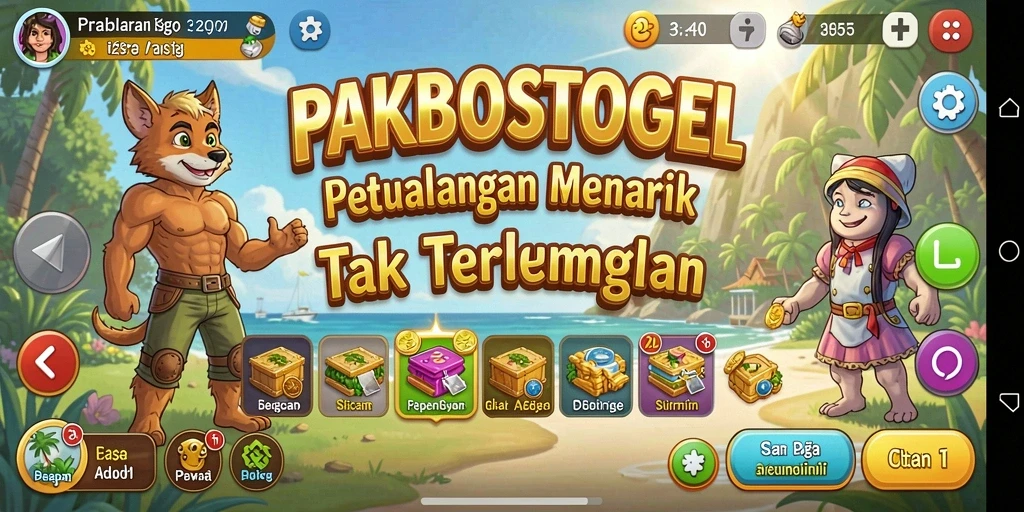 Screenshot gameplay PAKBOSTOGEL menampilkan petualangan seru di dunia penuh teka-teki.