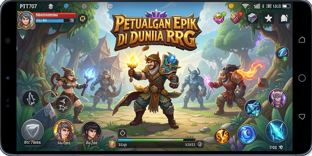 Screenshot utama PT707 menampilkan pertarungan epik di dunia RPG.