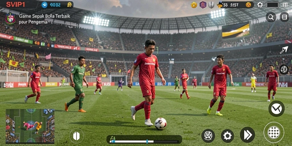 Screenshot gameplay SVIP1 menunjukkan aksi seru di lapangan sepak bola.