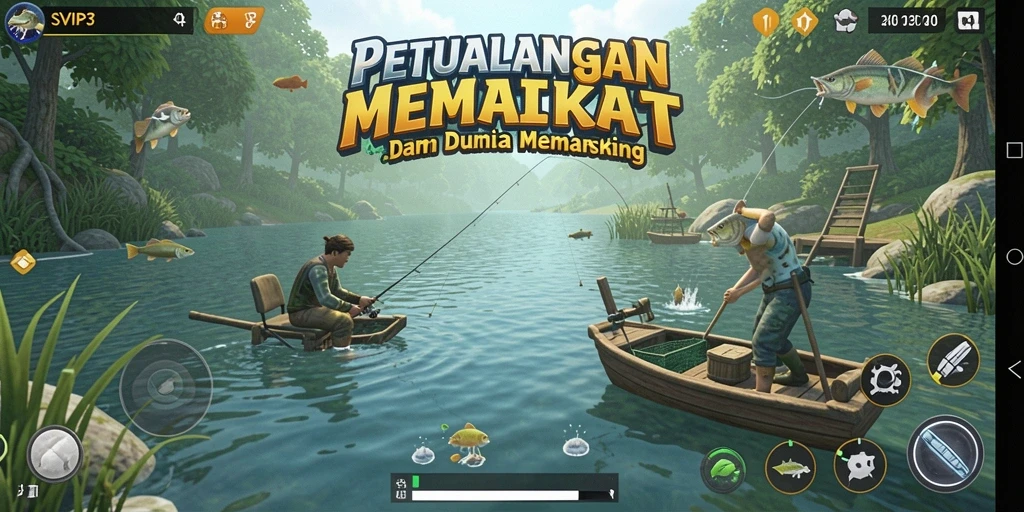 Tampilan menakjubkan gameplay SVIP3 saat memancing di danau.