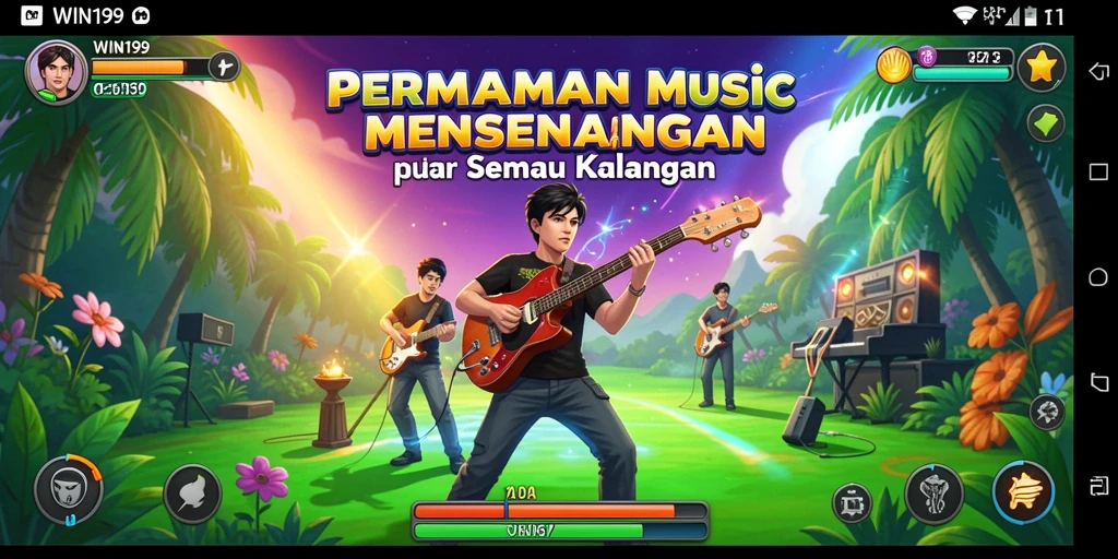 Screenshot dari gameplay WIN199 yang penuh aksi dan musik.