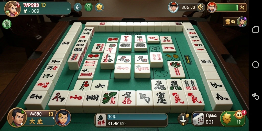 Screenshot gameplay WP888 menampilkan pertempuran strategis Mahjong yang seru.